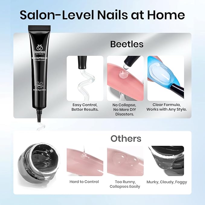 Beetles 3D Gel Nail Art, Sculpting Gel 3 in 1 Clear No Wipe Nail Polish Rhinestone Art Glue Gel for Drawing, Molding, Gems and Decoration with Silver Chrome Nail Powder for DIY Nail Designs, 15g