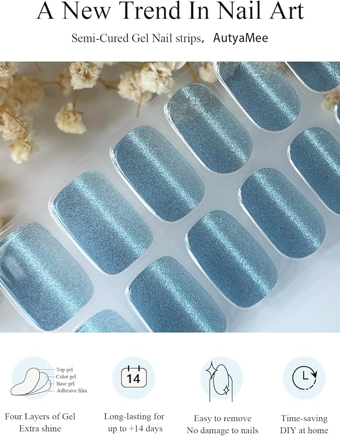 Semi Cured Gel Nail Strips (Powder Blue Cat Eye), 20 Pcs Gel Nail Wraps, Stickers, UV Light Required, Salon Quality, Long Lasting