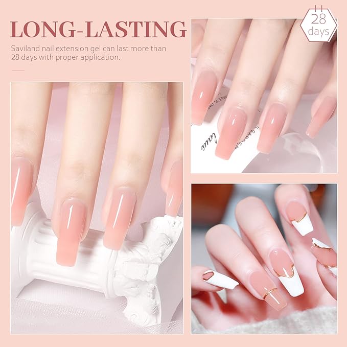 SAVILAND Builder Nail Gel Kit: 30ml Nudes Pink Hard Gel Nail Extension with Air Cushion Design, Base and Strengthener Builder with 100pcs Forms and Acrylic Brushes