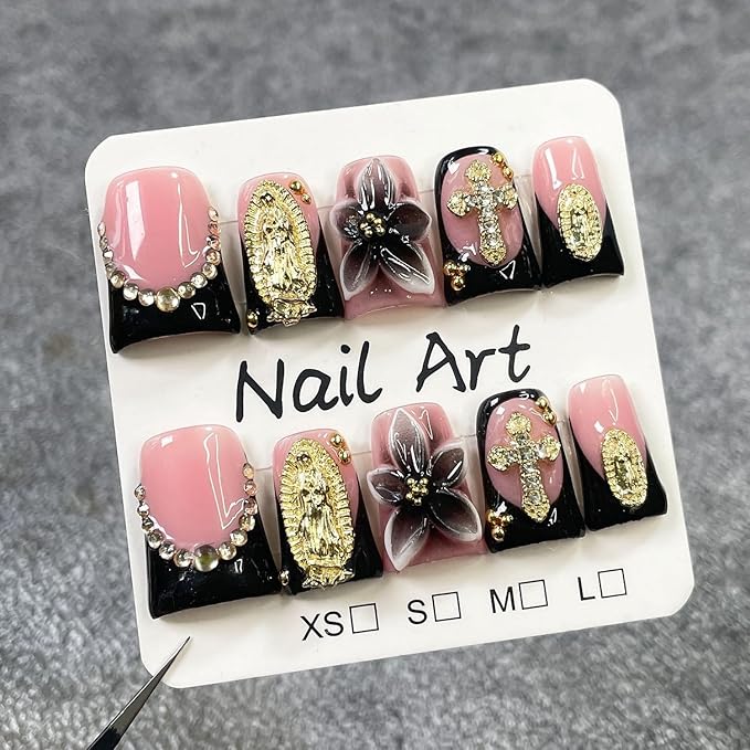 Duck Handmade Press on Nails Muti-Layer Gel False Nail Gradient Flower Fake Nails with 3D Rhinestone Design Luxury Artificial Acrylic Nails Full Cover Short Stick on Nail for Women (Size M)