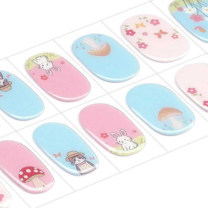 DANNI & TONI Kids Gel Nail Strips Cat Bunny Flowers Mashroom Salon-Quality Peel & Stick Manicure for Children (Age 6+)– Safe, Long-Lasting, Easy to Apply | Purr & Hop