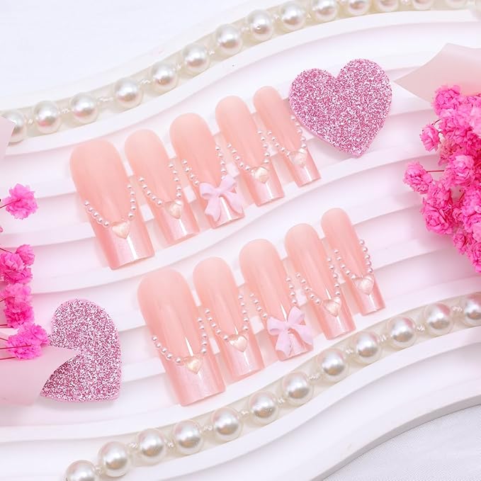 24Pcs Pink French Tip Press on Nails Long Square Fake Nails with 3D Bow Heart Glue on Nails Valentines False Nails Glossy Nude Pink Stick on Nails Cute Bow Acrylic Nails for Women Daily Wear Manicure