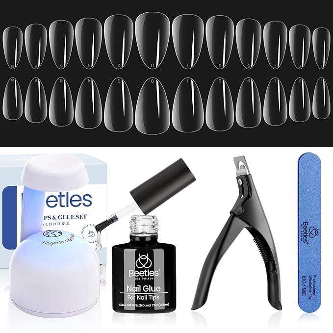 Beetles Gel Nail Kit Short Almond, 240Pcs Easy Nail Extension Set Shaped Clear Tips with 5 in 1 Nail Glue Base & Top Coat and Mini UV Lamp, Nail Tips Art Acrylic Nail Kit Gifts for Women