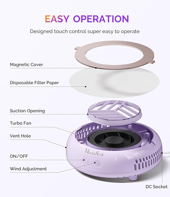 MelodySusie PocketSized Nail Dust Collector with Lightweight Design,HProA 6000RPM Ultra-Small Nail Vacuum Fan with 3 Suction Modes and 30 Disposable Filter Papers for Beginner & Daily Nail Care,Purple