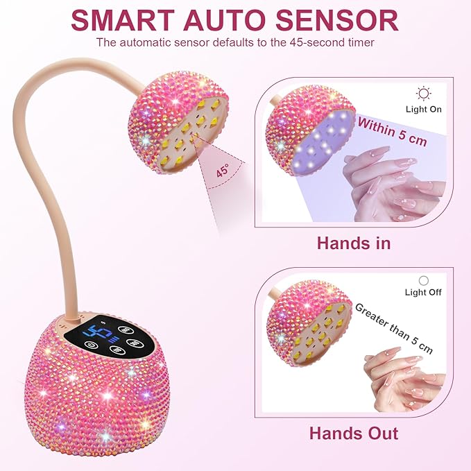 CGBE UV LED Nail Lamp, 36W Mini Cordless Flash Cure Lamp, USB Rechargeable Goosenecks LED Nail Light with 4 Timers & Auto Sensor for Salon Home DIY Use, Pink Diamond