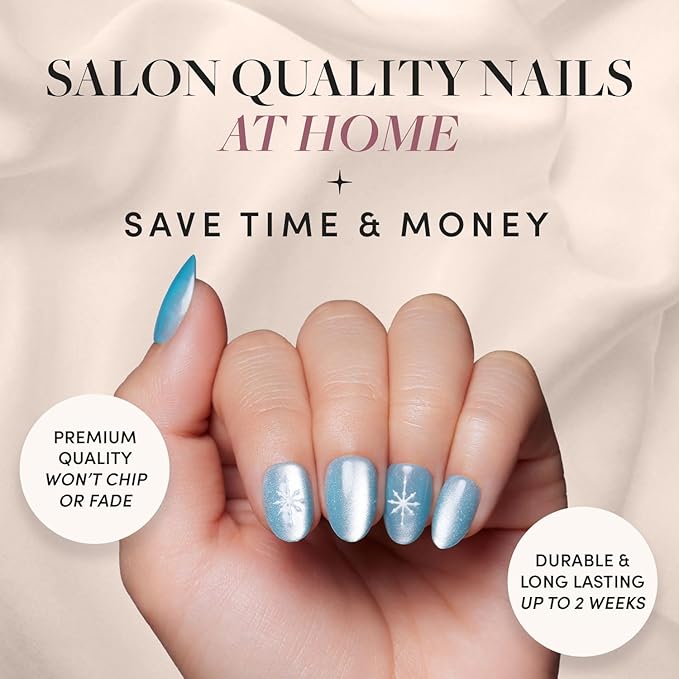 Glamnetic Press On Nails - Subzero | Opaque Pale Icy Blue Snowflake Graphic Short Oval Fake Nails in a Velvet Finish, Salon Quality | 15 Sizes - 30 Nail Kit