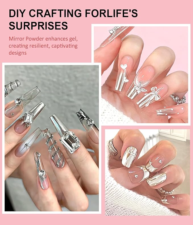 3D Nail Gel and Chrome Nail Powder BISHENGYF - 15g No Wipe 3D Sculpting with Rose Gold Chrome Powder Clear Non-Sticky Sculpting Gel for Home Art DIY