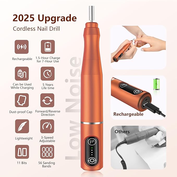 Cordless Nail Drill Electric Rechargeable File Kit, Professional Efile Acrylic Gel Nail Polish Remover Pedicure Manicure Machine Portable Set with 11 Bits 56 Sanding Bands (Orange)