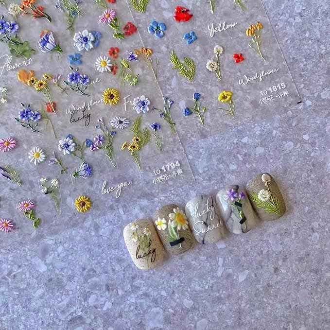 Dedyel Small Daisy Little Wildflowers Nail Stickers 5D Embossed Wildflower Nail Stickers Spring Summer Red Yellow Blue White Flower Design Nail Art Decoration for Women Girls Kids