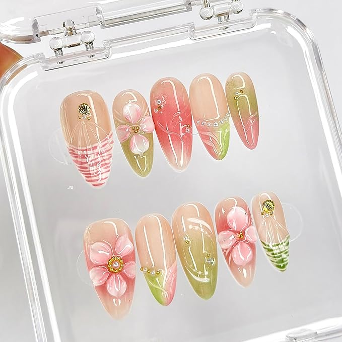 Luxury Press on Nails Medium Almond French Tip Handmade 3D Unique Reusable ABS Material Fake Nails Pink&Green False Nails with Designs Floral Art Petal Glossy Glue on Nails Thick Acrylic Nails(M)