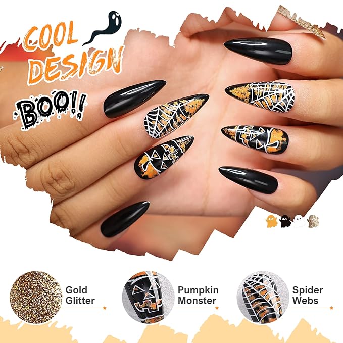Morily Halloween Press on Nails 24Pcs Black Stiletto Fake Nails Medium Length with Pumpkin Spider Web Design Acrylic Artificial Glossy Almond Stick on False Nails for Women (Black Cobweb Gold Glitter)