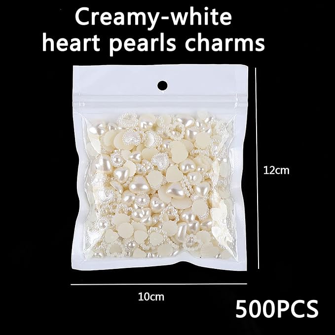 500 Pcs Creamy-white Pearls Heart Nail Charms Mixed Styles Flatback Heart Cute Assorted Pearls Heart Beads 3D Nail Art Charms Embellishments for Nail Art DIY Crafts Accessories
