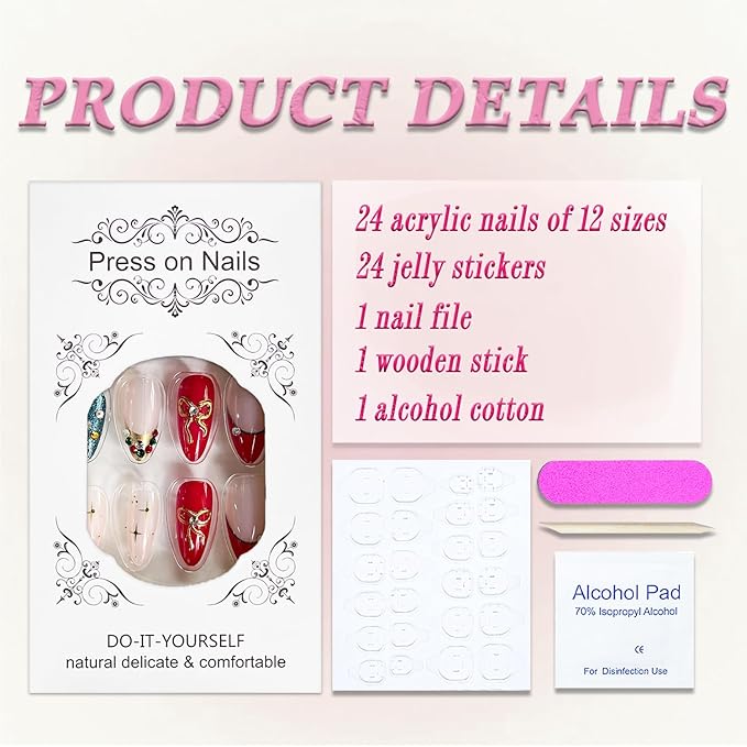 Christmas Press on Nails Medium Almond MABKJLF French Tip Fake Nails False Nails with Bow Rhinestones Glitter Designs Glossy Glue on Nail Winter Full Cover Acrylic Nails for Women Girls 24Pcs