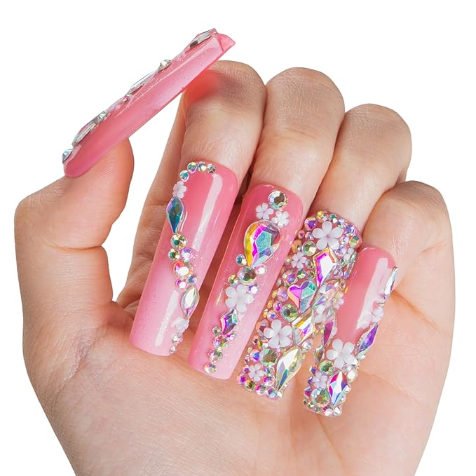 LOVFUL Press on Nails Pink Crystal Dream| Handmade Acrylic Press ons| Reusable Fake False Nails| Square Mid length 1.7in| H708-L