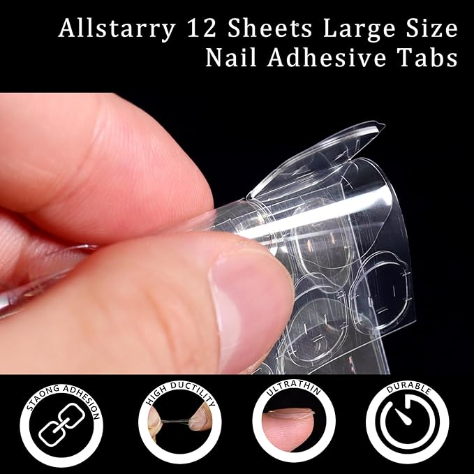 Allstarry 288pcs (12 Sheets) Nail Adhesive Tabs - Large Size, Waterproof, Breathable, Double-Sided, Super Sticky, Transparent, Flexible for Manicure