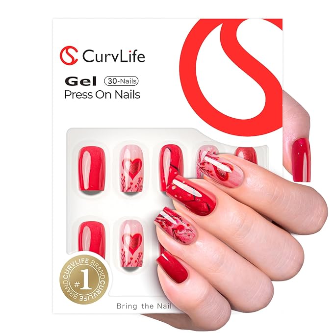 CurvLife Press On Nails Long Square Red Floral, Soft Gel Glossy Fake Nails, Reusable Durable Salon-Style Manicure for Women Teens Beginners, 30pcs, Daily Wear for Work Party