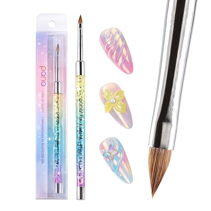 PANA 3D Kolinsky Nail Art Brush - Rainbow Glitter Handle, Size 4 - Acrylic Nail Art Sculpture Brush for Manicures Pedicure Salon Professional or Beginner
