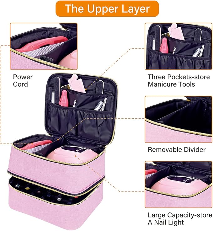 Nail Polish Organizer, Handheld Double Layer Organizer Holds 30 Bottles (15 ml/0.5 floz) with Adjustable Dividers for Nail Polish Small Manicure Lamp Manicure Tools Essential and Travel,Pink Gold