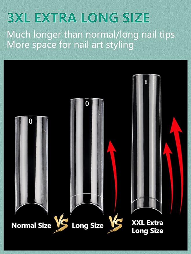 Individual Size 3 4 5 6 No C Curve Nail Tips for Acrylic Nails Professional, 200PCS 3XL Extra Long, Half Cover Straight Tapered Square Nail Tips 4 Mostly Used Sizes
