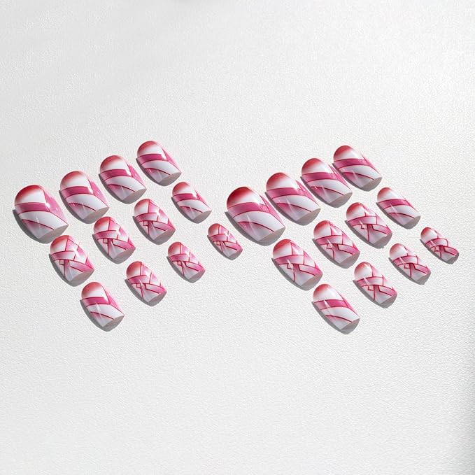Square Press on Nails Medium Fake Nails with Designs Red Lines Stick on Nail Retro Red Gradient Acrylic False Nail Glossy Artificial Nail Full Cover Glue on Nails for Women