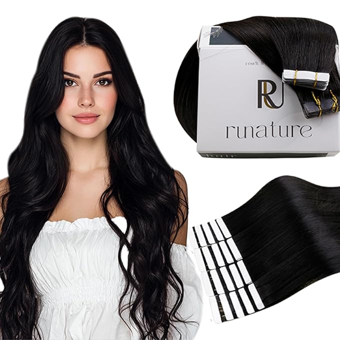 RUNATURE 22 Inch Black Tape in Extensions Real Human Hair, Long Straight Hair Extensions for Women, No Shedding, Can be Curled, 20pcs 50g #1 Jet Black
