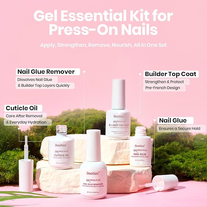 Beetles 4Pcs Press-On Nail Essential Kit, Fast Dry Nail Glue, Builder Top Coat, Nail Remover & Cuticle Oil Set, Complete System for Secure Wear, Easy Removal & Natural Nail Care