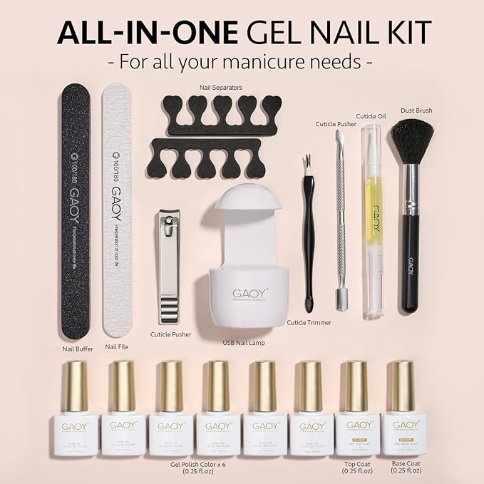 GAOY Gel Nail Polish Kit with UV Light for Beginners, 6 Colors Sheer Milky White Pink Orange, Gel Polish Kit with Top and Base Coat for Salon and Nail Art DIY at Home