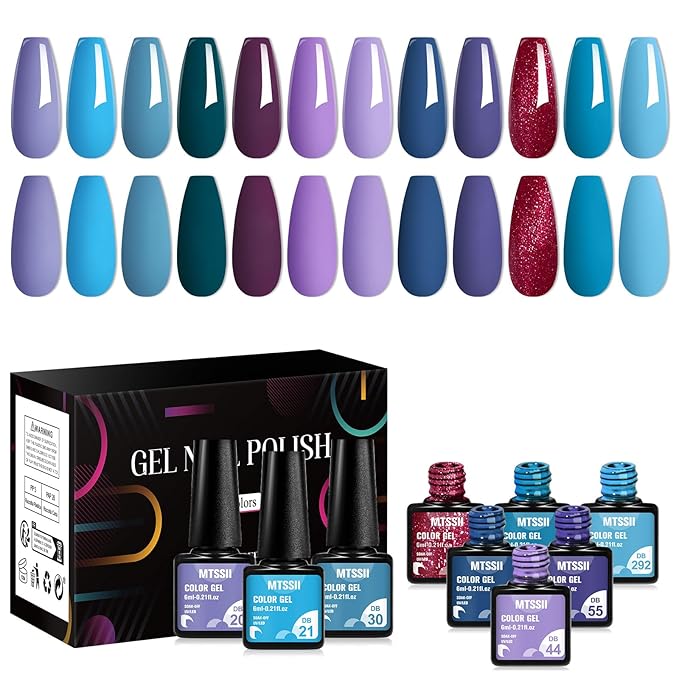 MTSSII Gel Nail Polish Set, 12PCS Violet Blue Gel Nail Polish Kit, Soak Off UV/LED Nail Polish Nail Art Design Salon Home Gifts for Women