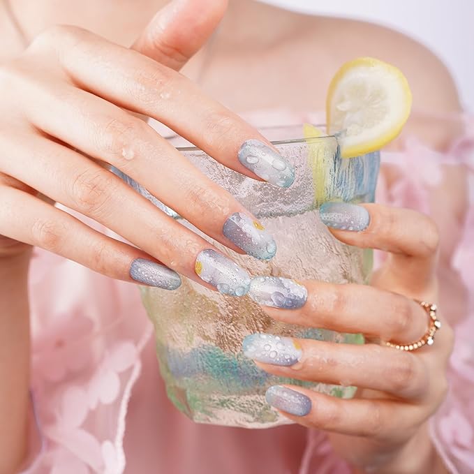 DANNI & TONI Semi Cured Gel Nail Strips Ocean Blue (Verdant Whisper) Magnetic Silver Cat Eye Gel Nail Wraps Flowers 28 Stickers
