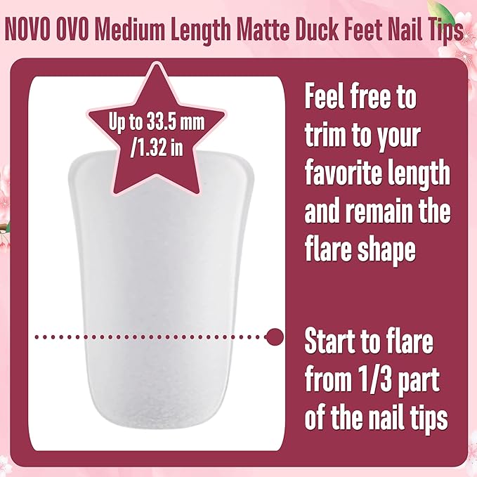 NOVO OVO Pre-Filed Long Duck Feet Nail Tips full Cover for Press On Acrylic, Pre-ectched Clear Full Coverage Flare Wide French Soft Gel Fake False Nail Extension x 12 Sizes 120 pcs