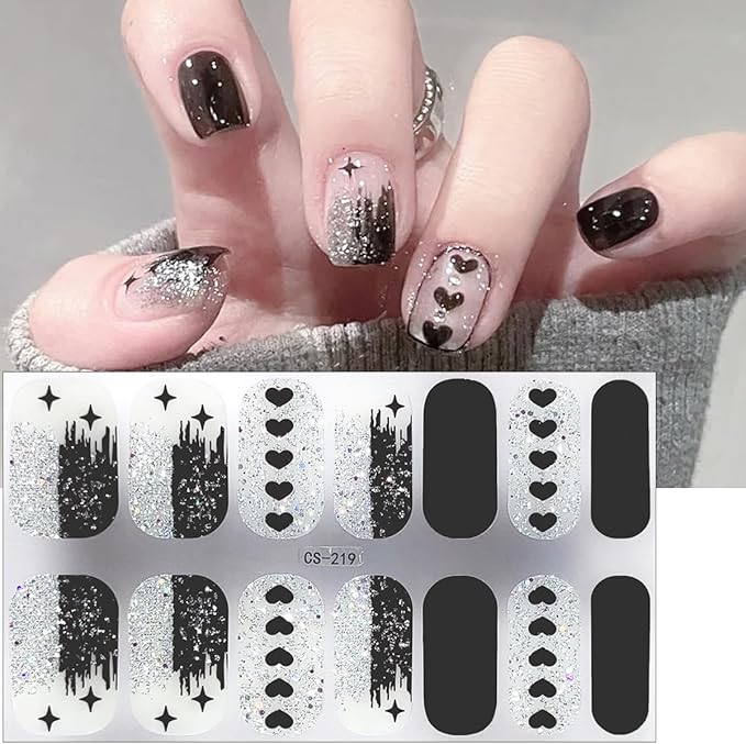 Valentines Nail Polish Stickers Self Adhesive French Tip Nail Stickers Black White Pink Heart Gel Nail Stickers Romantic Valentines Day Gel Nail Strips Cute Bow Full Nail Wraps Stickers for Women 4Pcs