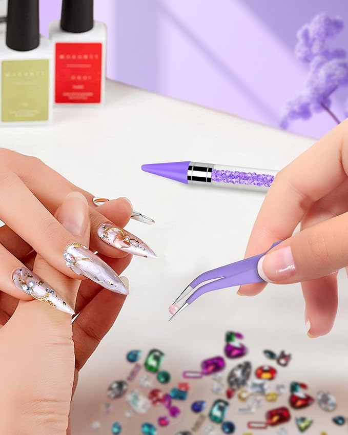 Difenni Rhinestone Picker Tool, Wax Pencil for Rhinestones Tool, Dual-Ended DIY Nail Bedazzling Tools with 4 Extra Purple Replaceable Wax Head and 1 Tweezer(Purple)