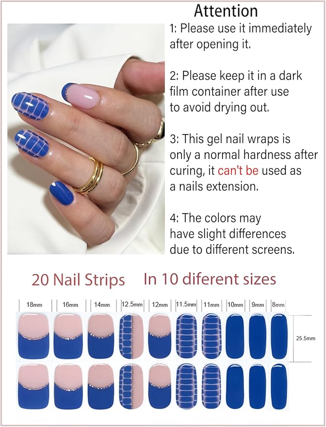 Semi Cured Gel Nail Strips, 20pcs Snake Pattern, Blue Gel Nail Stickers for Home Nails DIY