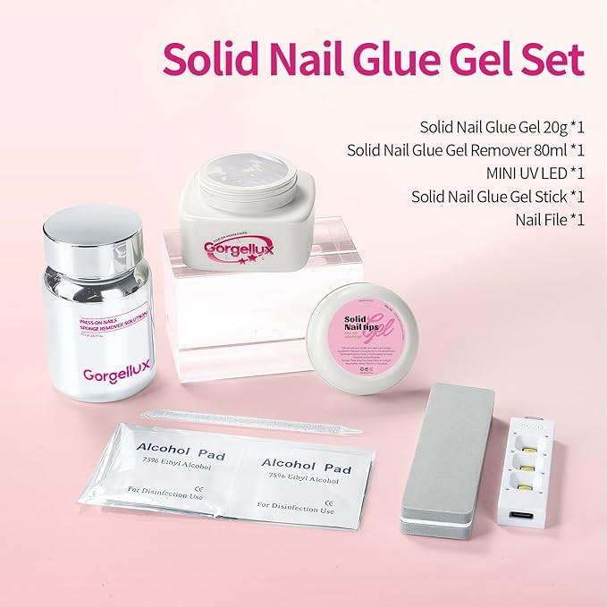 20g Solid Nail Glue Gel with 60 ML Nail Glue Remover for Press On Nails Kit, MINI UV lamp, Nails Tools, Long-Lasting Strong Adhesion, for Nail Art DIY