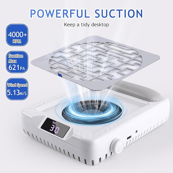 Rechargeable Nail Dust Collector, Professional Dust Collector Nail Tech with LED Display, Powerful Adjustable Nail Dust Cleaner Machine for Acrylic Nail Polishing & Salon use