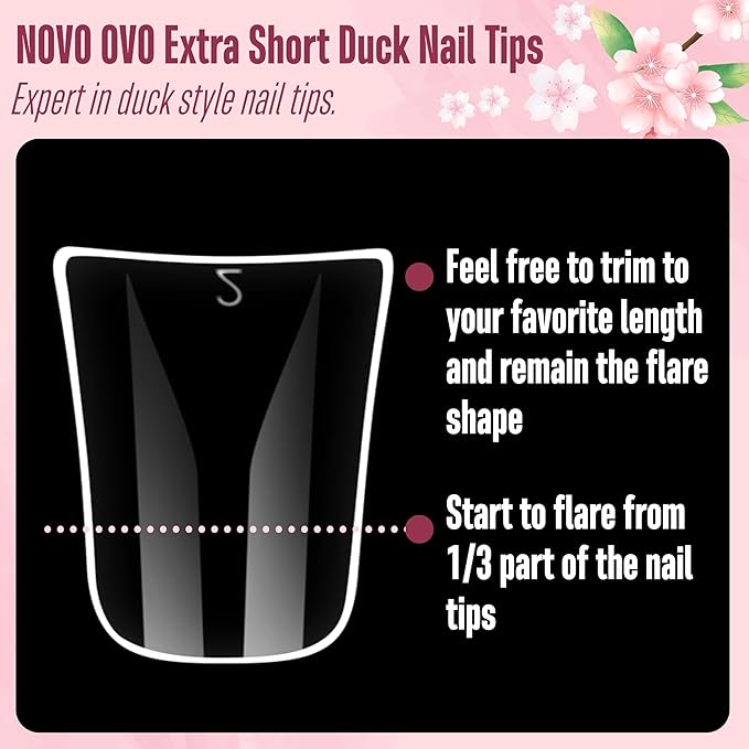 NOVO OVO Duck Feet Nail Tips for Small and Medium Hand, Extra Short Full Cover Press On Acrylic, Clear Full Coverage Thick Flare French Soft Gel Fake False Nail Extension x 12 Sizes 120 pcs