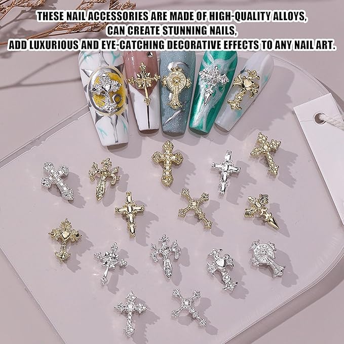 3D Cross Nail Charms for Nail Art, 80 Pcs Metal Crystal Cross Nail Decorations, Alloy Nail Studs and Rhinestones for Women Girl DIY Jewelry Crafts Supplies (80 PCS Gold+Silver)