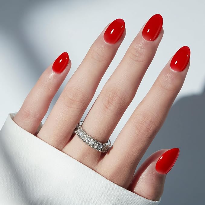 modelones Sheer Red Short Press on Nails, Semi-Transparent Oval Fake Nails Kit Press Ons with Nail Glue, Adhesive Tabs, Nail File, Prep Pad, Manicure Stick, 32Pcs 16 Sizes, Spring Women Girl Gift