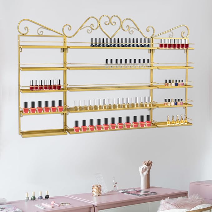 Nail Polish Rack Wall Mount, 5 Tiers Nail Polish Bottle Holder, 200 Bottles Organizer Shelf, Storage Display Holder for Home Salon Business Spa (Gold)