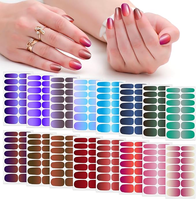 SILPECWEE 16 Sheets Nail Polish Stickers Nail Wraps for Women Gradient Color Gel Nail Stickers Self Adhesive Nail Polish Strips Fingernail Sticker with Nail File (Dark Color Style)