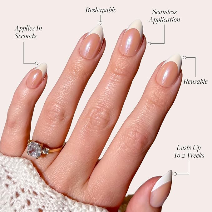 Glamnetic Press On Nails - Mrs. | Short Almond Fake Nails with French Tips and Glossy, Glazed Finish, Salon Quality | 15 Sizes - 30 Nail Kit with Glue