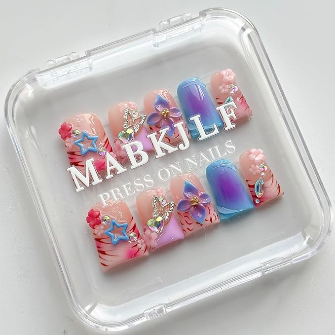 Luxury Press on Nails Short Duck Handmade 3D Unique Reusable ABS Material Fake Nails French Tip False Nails with Designs Stars Flower Butterfly Rhinestones Glossy Glue on Nail Thick Acrylic Nail(M)