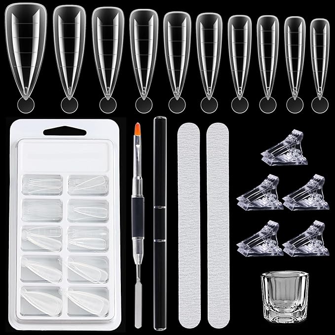 Dual Forms For Polygel,100pcs Stiletto Nail Forms For Builder Gel 10 Sizes Clear Poly Gel Nail Tips Acrylic Extension Nail Mold Set With Brush/Clip/File/Crystal Cup,Manicure Kit For Beginner