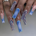 Square Press on Nails Long Blue Ombre Fake Nails with Design French Tips Nail Glue on Nail Glossy Acrylic Nails Press ons Cute False Nails for Women Manicure 24pcs
