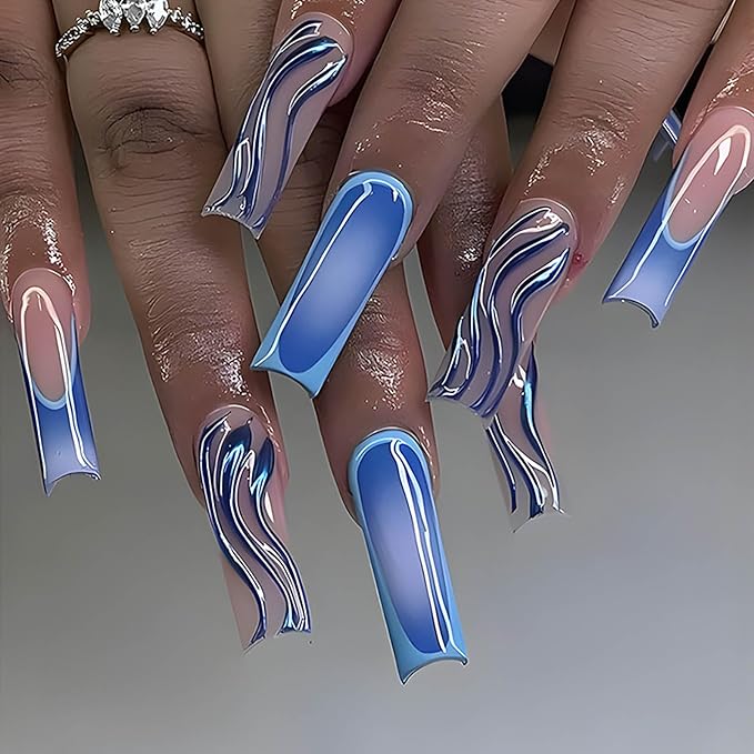 Square Press on Nails Long Blue Ombre Fake Nails with Design French Tips Nail Glue on Nail Glossy Acrylic Nails Press ons Cute False Nails for Women Manicure 24pcs