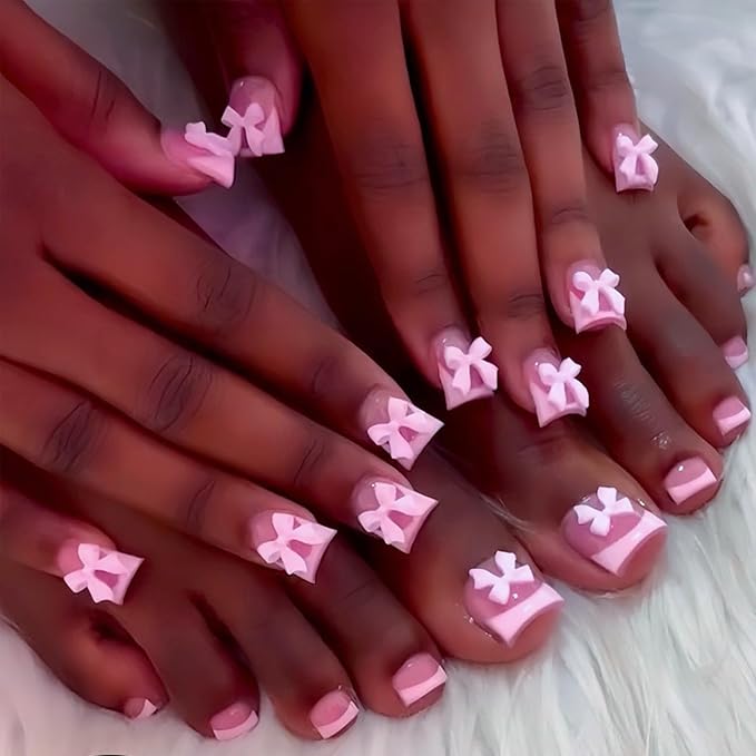 48Pcs Duck Shaped Press on Nails Short & Press on Toenails Set, Pink Bow Fake Nails French Press on Toe Nails Full Cover Stick on Toe Nails Wide Duckbill Acrylic Nails Kit for Women Manicure