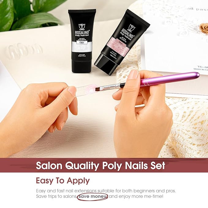 ROSALIND Clear Nude Pink Acrylic Poly Extension Gel, 2 PCS 60ml Clear Poly Nail Gel kit Nail Builder for Clear Nail Art Decoration, Nail Thickening Poly Nail Gel Tube Easy to DIY Use Need UV Lamp