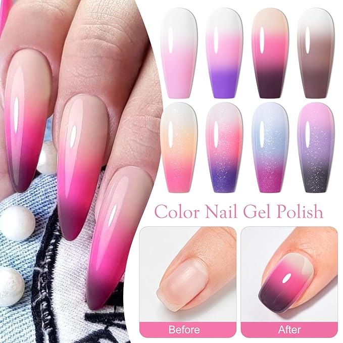 MEET ACROSS Color Changing Gel Nail Polish Set, 8 Colors Red Pink Glitter Purple Mood Temperature Change Nail Polish Gel Set Soak Off Nail Art DIY Salon Manicure Holiday Gift