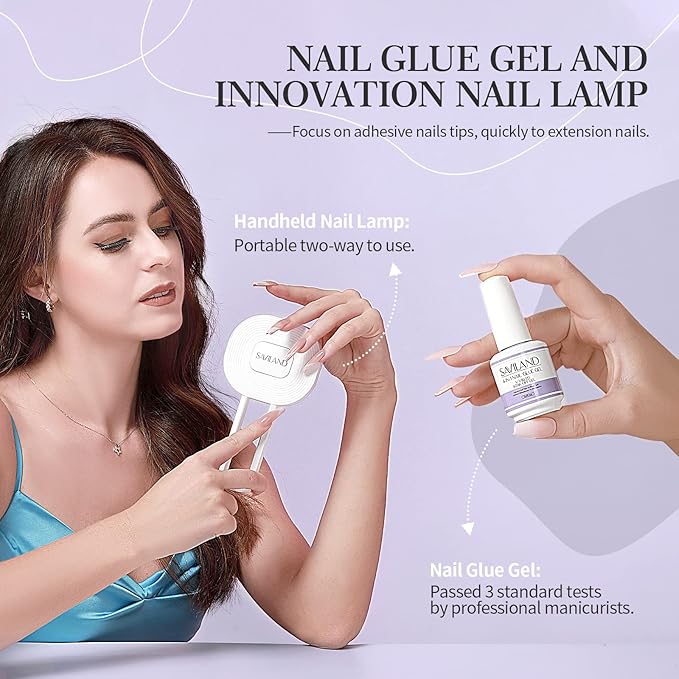 SAVILAND U V Nail Glue with Lamp Kit, 0.5 Oz. U V Gel Glue 4-in-1 for Nail Tips, Press on Nails and U V Lamp for Nails Fast Curing Strong Glues for Gel Extension DIY Manicure Art