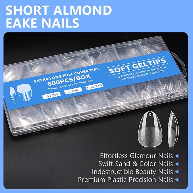 Almond Nail Tips Press on Nails, Fake Nails for DIY Home Nail Art, Long Full Cover Acrylic Nail Tips 600Pcs, Semi - Matte Finish for Salons & Gifts - Viywicz